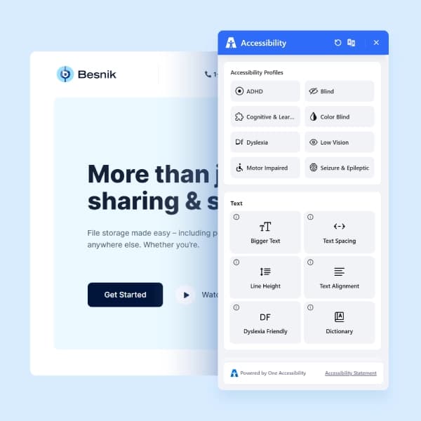 Fully customizable One Accessibility widget showing text resizing, contrast, and font controls